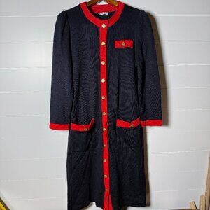 VINTAGE: Allison J Sweater Dress Black & Red Gold Buttons Front Pockets